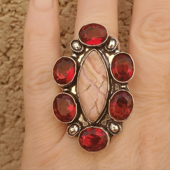 New Oversized Rhodochrosite & Garnet 925 Silver Statement Ring. - Picture 8 of 16